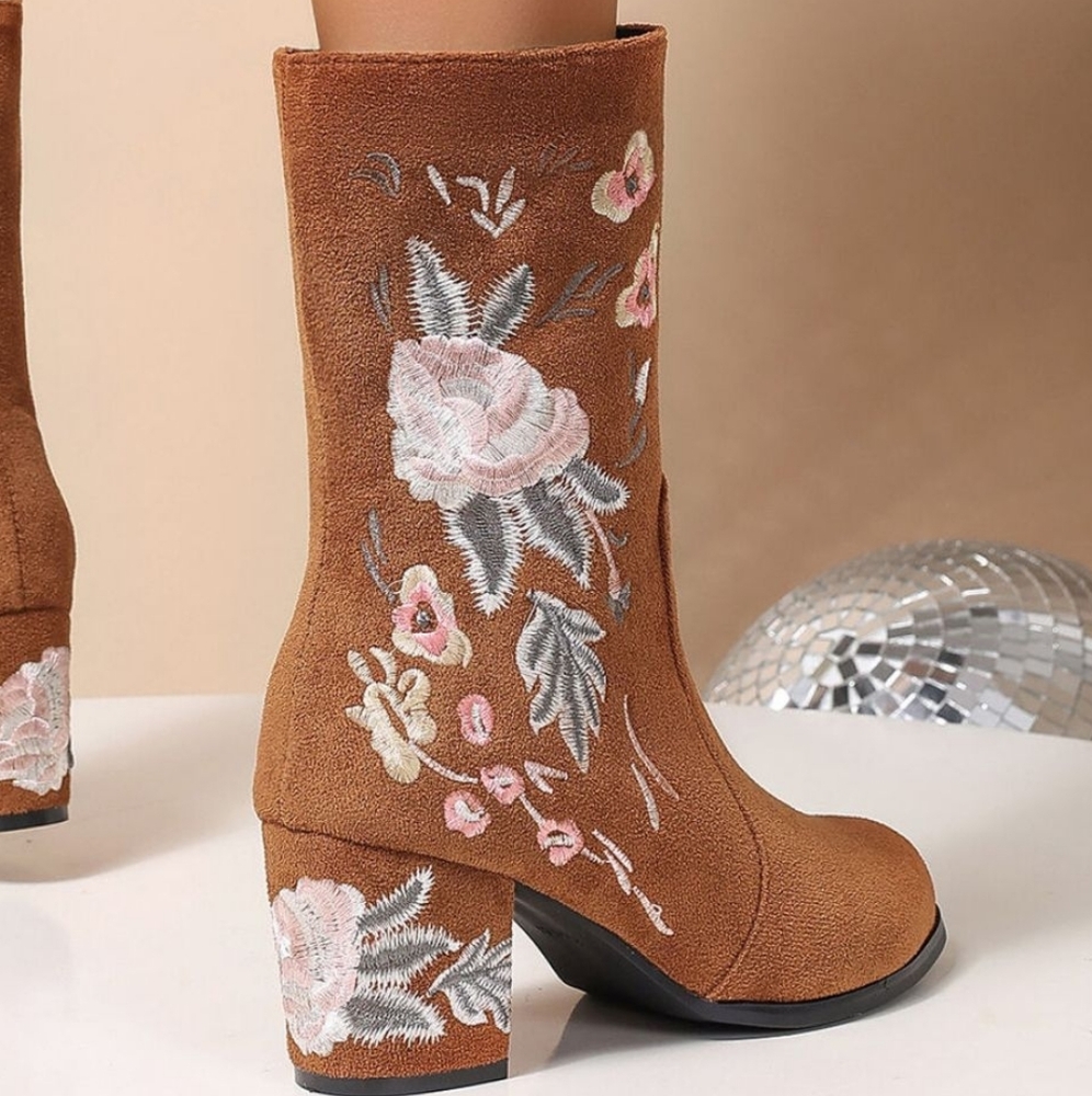 Floral Embroidered Block Heel Boots Boho Western Retro Vegan Suede Colorful Shoe